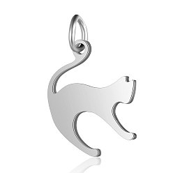 Stainless Steel Color 201 Stainless Steel Kitten Pendants, Cat with Arched Back Shape, Stainless Steel Color, 17.5x14.5x1mm, Hole: 3mm