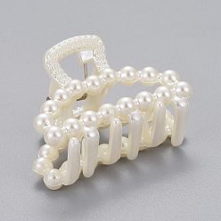 Blanc Plastique de pinces à cheveux griffes, avec des perles d'imitation en plastique ABS et des apprêts en fer, blanc, 28x39.5x26.5mm