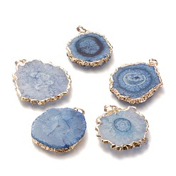 Steel Blue Dyed Natural Druzy Solar Quartz Crystal Pendants, Edge Plated, with Brass Bails, Sunflower, Golden, Steel Blue, 40~50x30~45x5~6mm, Hole: 4x6mm