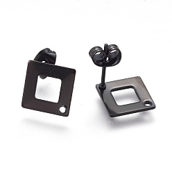 Electrophoresis Black 304 Stainless Steel Stud Earring Findings, Square/Rhombus, Electrophoresis Black, 13.5x13.5x0.8mm, Hole: 1mm, Pin: 0.7mm