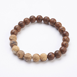 Picture Jasper Wood Beaded Stretch Bracelets, with Natural Picture Jasper Beads and Burlap Packing Pouches Drawstring Bags, 2 inch(52mm)