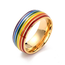 Golden Rainbow Pride Finger Ring, Stripe Grooved Flat Titanium Steel Finger Ring for Women, Golden, US Size 7(17.3mm)
