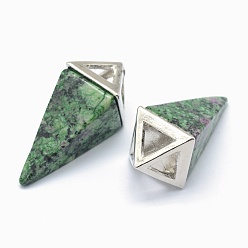 Ruby in Zoisite Natural Ruby in Zoisite Pendants, with Alloy Findings, Triangle, Platinum, 34x14x14.5mm, Hole: 4x6mm