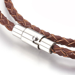 Coconut Brown Leather Braided Cord Wrap Bracelets/Necklaces, Two Loops, with 304 Stainless Steel Magnetic Screw Clasps, Column, Coconut Brown, 16.5 inch~16.9 inch(42~43cm), 3mm