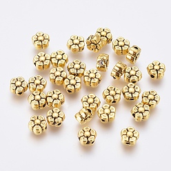 Antique Golden Tibetan Style Alloy Beads, Lead Free & Cadmium Free & Nickel Free, Flower, Antique Golden Color, Size: about 5mm long, 5mm wide, 3mm thick, hole: 1mm