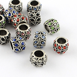 Mixed Color Antique Silver Plated Alloy Rhinestone Large Hole European Beads, Rondelle with Leaf, Mixed Color, 9x7mm, Hole: 5mm