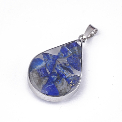 Lapis Lazuli Natural Lapis Lazuli Pendants, with Glass and 304 Stainless Steel Findings, teardrop, Stainless Steel Color, 26.5~27x17~17.5x6.5~7mm, Hole: 3x5.5mm