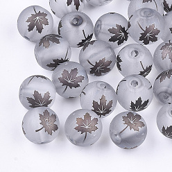 Coconut Brown Autumn Theme Electroplate Transparent Glass Beads, Frosted, Round with Maple Leaf Pattern, Coconut Brown, 8~8.5mm, Hole: 1.5mm
