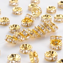 Golden Iron Rhinestone Spacer Beads, Grade B, Rondelle, Straight Edge, Clear, Golden, 7~8x3.5mm, Hole: 2mm