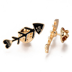 Black Alloy Enamel Brooches, Enamel Pin, with Brass Butterfly Clutches, Fish Bone, Light Gold, Cadmium Free & Nickel Free & Lead Free, Black, 32x10x2mm, Pin: 1mm