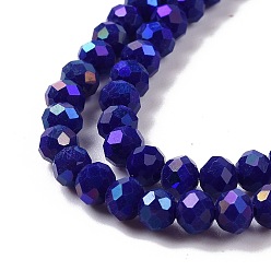 Blue Electroplate Opaque Solid Color Glass Beads Strands, Half Rainbow Plated, Faceted, Rondelle, Blue, 4x3mm, Hole: 0.4mm, about 123~127pcs/strand, 16.5~16.9 inch(42~43cm)