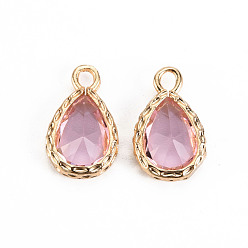Pink Glass Pendants, with Brass Findings, Faceted, Teardrop, Light Gold, Pink, 15x9x4.5mm, Hole: 1.8~2mm