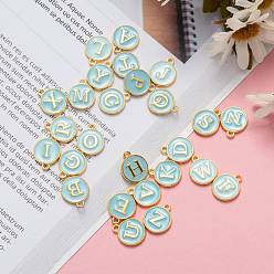 Light Sky Blue Initial Letter A~Z Alphabet Enamel Charms, Flat Round Disc Double Sided Charms, Golden Plated Enamelled Sequins Alloy Charms, Light Sky Blue, 14x12x2mm, Hole: 1.5mm, 26pcs/set