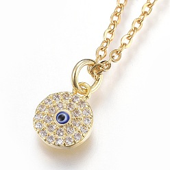 Mixed Color 304 Stainless Steel Pendant Necklaces, with Cubic Zirconia, Flat Round with Eye, Clear, Mixed Color, 17.6 inch(45cm), Pendant: 10x8x1.5mm