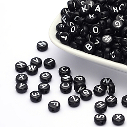 Letter Opaque Acrylic Beads, Horizontal Hole, Alphabet Style, Flat Round, Letter, 7x4mm, Hole: 1.5mm, about 3700pcs/500g