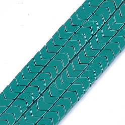Teal Spray Painted Non-magnetic Synthetic Hematite Beads Strands, Arrow/Chevron, Teal, 5.5x6x2mm, Hole: 0.7mm, about 107pcs/strand, 16.1 inch