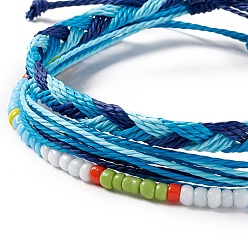 Синий 3шт 3 набор пластиковых плетеных браслетов из бисера, регулируемые браслеты из вощеного полиэфирного шнура для женщин, синие, внутренний диаметр: 2~4-1/4 дюйм (5.1~10.7 см), 1 шт / стиль