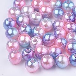 Hot Pink Rainbow ABS Plastic Imitation Pearl Beads, Gradient Mermaid Pearl Beads, Round, Hot Pink, 9.5~10x9mm, Hole: 1.6mm, about 1000pcs/500g