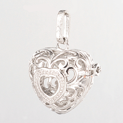 Platinum Eco-Friendly Rack Plating Brass Hollow Heart Cage Pendants, For Chime Ball Pendant Necklaces Making, Cadmium Free & Nickel Free & Lead Free, Platinum, 27x27x20mm, Hole: 9x4mm, inner: 18x20mm