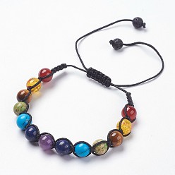 Mixed Stone Chakra Jewelry, Adjustable Mixed Stone Braided Bead Bracelets, Round, 1-3/4 inch(4.5cm), 9.5mm