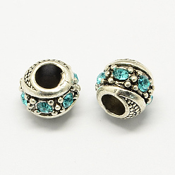 Aquamarine Alloy Rhinestone European Beads, Rondelle Large Hole Beads, Antique Silver, Aquamarine, 11x10mm, Hole: 5mm