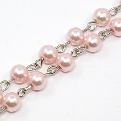 Pink Handmade Glass Pearl Beads Chains, with Iron Eye Pin, Unwelded, Platinum, Pink, 6mm, about 1m/strand, 39.3 inch/strand