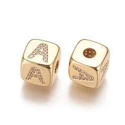 Letter A Brass Micro Pave Cubic Zirconia Beads, Horizontal Hole, Real 18K Gold Plated, Long-Lasting Plated, Cube with Letter, Clear, Letter.A, 9x9x9mm, Hole: 3.5mm