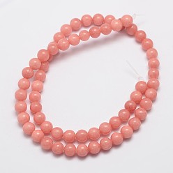 Salmon Natural Malaysia Jade Beads Strands, Imitation Rhodochrosite, Round, Dyed, Salmon, 6mm, Hole: 0.8mm, about 64pcs/strand, 15 inch