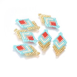 Colorful MIYUKI & TOHO Handmade Japanese Seed Beads Links, Loom Pattern, Double Rhombus, Pale Turquoise, 27~29x13~14x1.7mm, Hole: 1.5mm