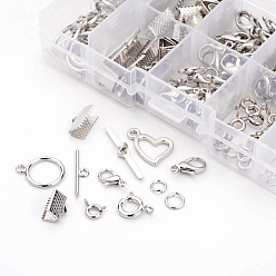 Platinum 1 Box Mixed Jewelry Findings, 40PCS Alloy Lobster Claw Clasps and Brass Spring Ring Clasps, 20Sets Alloy Toggle Clasps, 30PCS Iron Ribbon Ends and 10g Brass Jump Rings, Platinum
