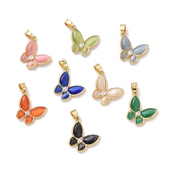 Mixed Color Butterfly Brass Micro Pave Clear Cubic Zirconia  Pendants, with Cat Eye, Cadmium Free & Lead Free, Real 18K Gold Plated, Mixed Color, 21x19x4mm, Hole: 3.3x4.3mm