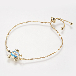 Blue Adjustable Brass Bolo Bracelets, Slider Bracelets, with Synthetic Opal and Cubic Zirconia, Box chains, Sea Turtle, Blue, 9.1 inch(23cm)~10 inch(25.5cm), 1mm
