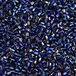 Blue Glass Bugle Beads, Silver Lined Colours Rainbow, Blue, 2.5~3x2mm, Hole: 0.9mm, about 15000pcs/pound