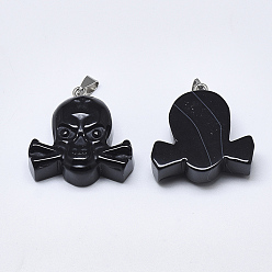 Black Agate Natural Black Agate Pendants, with Stainless Steel Snap On Bails, Skull, Stainless Steel Color, 34~36x35~37x12~13mm, Hole: 3~4x7~8.5mm