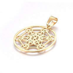 Golden 304 Stainless Steel Pendants, Flat Round with Hexagon, Golden, 43x39x1.2mm, Hole: 11x6mm