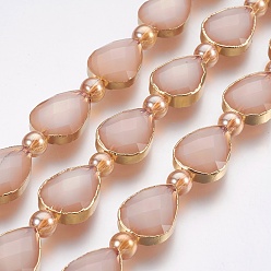 Misty Rose Opaque Glass Beads Strands, Faceted, with Golden Tone Brass Edge, Teardrop & Round, Misty Rose, 18x12.5~13x7~7.5mm, Hole: 1mm, about 10pcs/strand, 9 inch(23cm)