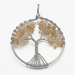 Citrine Natural Citrine Bead Brass Wire Wrapped Big Pendants, Tree of Life, Cadmium Free & Nickel Free & Lead Free, 50~64x48~52x5~8mm, Hole: 3~6mm