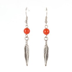 Mixed Stone Feather Alloy Natural & Synthetic Mixed Stone Dangle Earrings, with Brass Earring Hooks, 55mm, Pin: 0.7mm