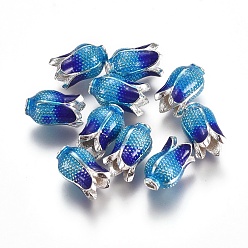Argent Des perles d'émail en alliage, fleur, bleu profond du ciel, couleur argent plaqué, 11x7mm, trou: 1.8 mm, diamètre intérieur: 3.5 mm