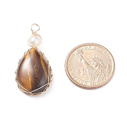 Tiger Eye Natural Tiger Eye Copper Wire Wrapped Pendants, with Grade A Natural Cultured Freshwater Pearl, Real 18K Gold Plated, Teardrop, 38~43x19~19.5x8~8.5mm, Hole: 3.5~3.8mm