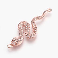 Real Rose Gold Plated Brass Micro Pave Cubic Zirconia Links, Long-Lasting Plated, Snake, Lead Free & Nickel Free & Cadmium Free, Clear, Real Rose Gold Plated, 39x13.5x3mm, Hole: 1.2mm