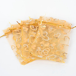Goldenrod Heart Printed Organza Bags, Gift Bags, Rectangle, Goldenrod, 14x10cm