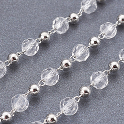 Clear Handmade Brass Beaded Chains with Faceted Glasses Beads, Platinum, Clear, 4mm, about 10m/roll