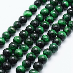 Green Natural Tiger Eye Beads Strands, Dyed & Heated, Round, Green, 8mm, Hole: 1mm, about 48pcs/strand, 14.6 inch(37cm)