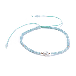 Aqua Adjustable Nylon Thread Braided Beads Bracelets, with Glass Seed Beads and Grade A Natural Freshwater Pearls, Aqua, 2-1/8 inch(5.3cm)