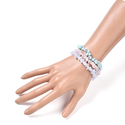 Mixed Stone Chips Natural Larimar & Blue Lace Agate & Kunzite Beaded Stretch Bracelets Sets, Stackable Bracelets, Inner Diameter: 2-1/8 inch(5.5cm), 3pcs/set