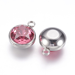 Hot Pink K9 Glass Rhinestone Pendants, October Birthstone Charms, with 304 Stainless Steel Findings, Flat Round, Hot Pink, 18x14x9mm, Hole: 2.5mm