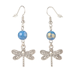 Medium Blue Round Natural Mashan Jade with Alloy Dragonfly Dangle Earrings, Brass Earrings for Women, Medium Blue, 50mm, Pin: 0.6mm