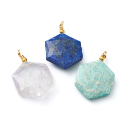 Mixed Stone Natural Lapis Lazuli & Quartz Crystal & Amazonite Pendants, with Golden Brass Loops, Faceted, Polygon, 34.5x20x7mm, Hole: 3mm