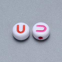 Letter U Craft Acrylic Horizontal Hole Letter Beads, Flat Round, Mixed Color, Letter.U, 7x3.5~4mm, Hole: 1.5mm, about 3600pcs/500g